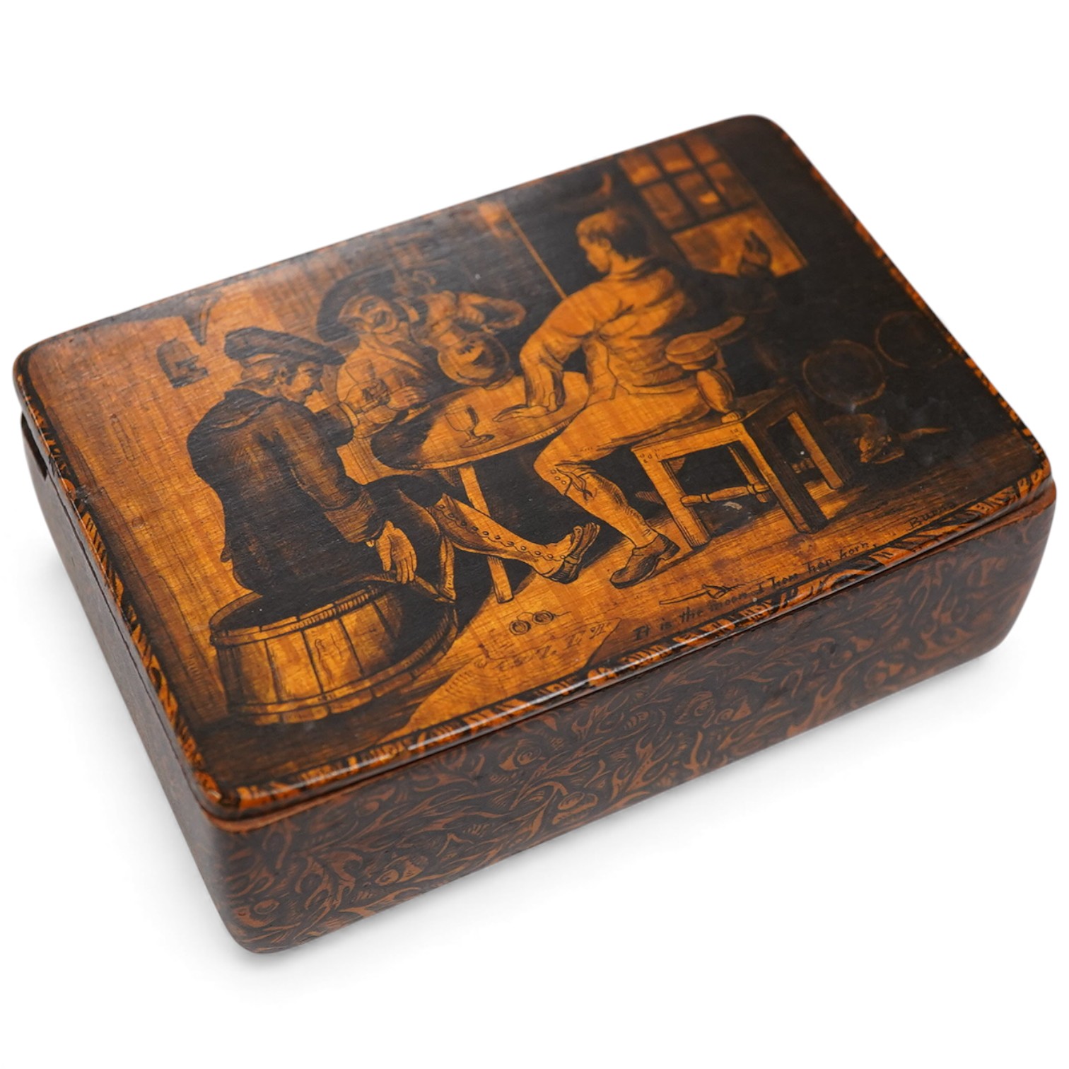 A 19th century tavern scene Mauchlineware snuff box, 8cm wide x 5.5cm deep